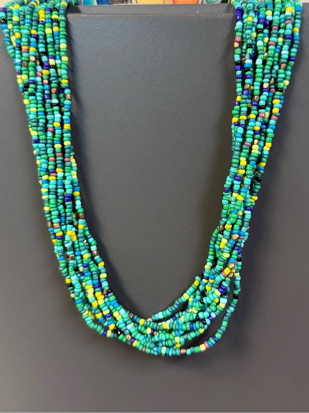 Multi Strand Turquoise, Blue-Green Seed Bead Necklace - Picture 2 of 6